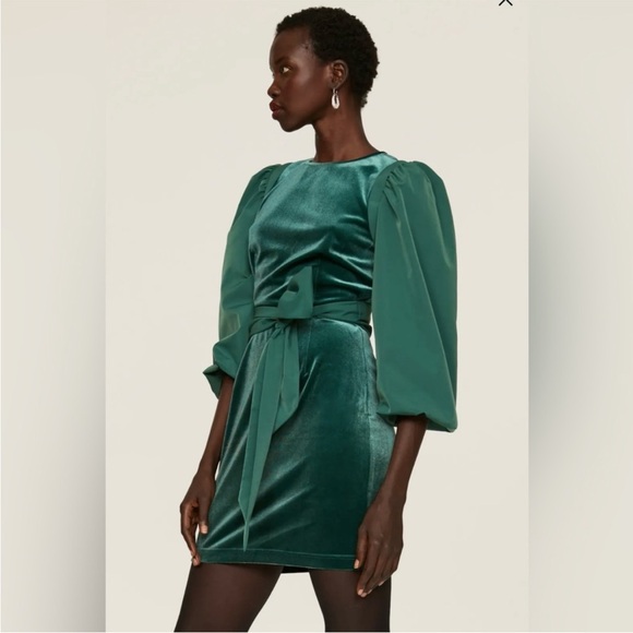 LDT Hannah Emerald Velvet Mini Holiday Dress Size 14 Belted Puff Long Sleeve - Picture 2 of 12